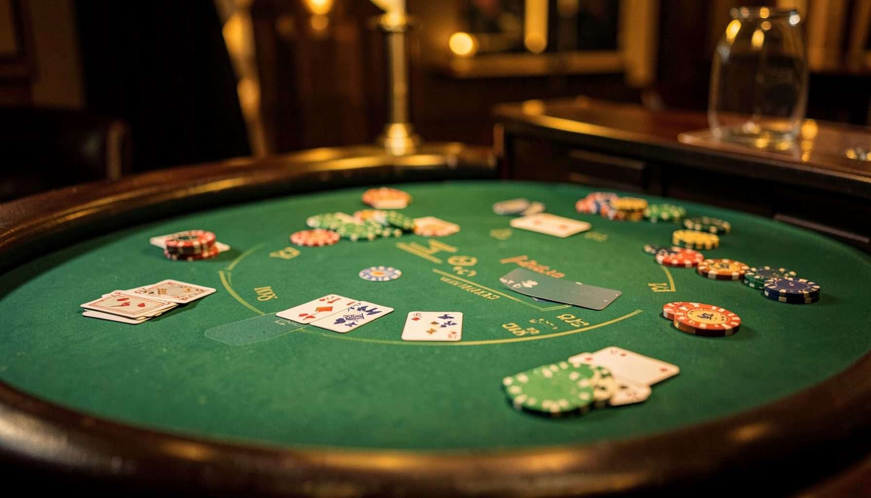 Live dealer casino table with green felt, cards and chips, warm golden ambiance