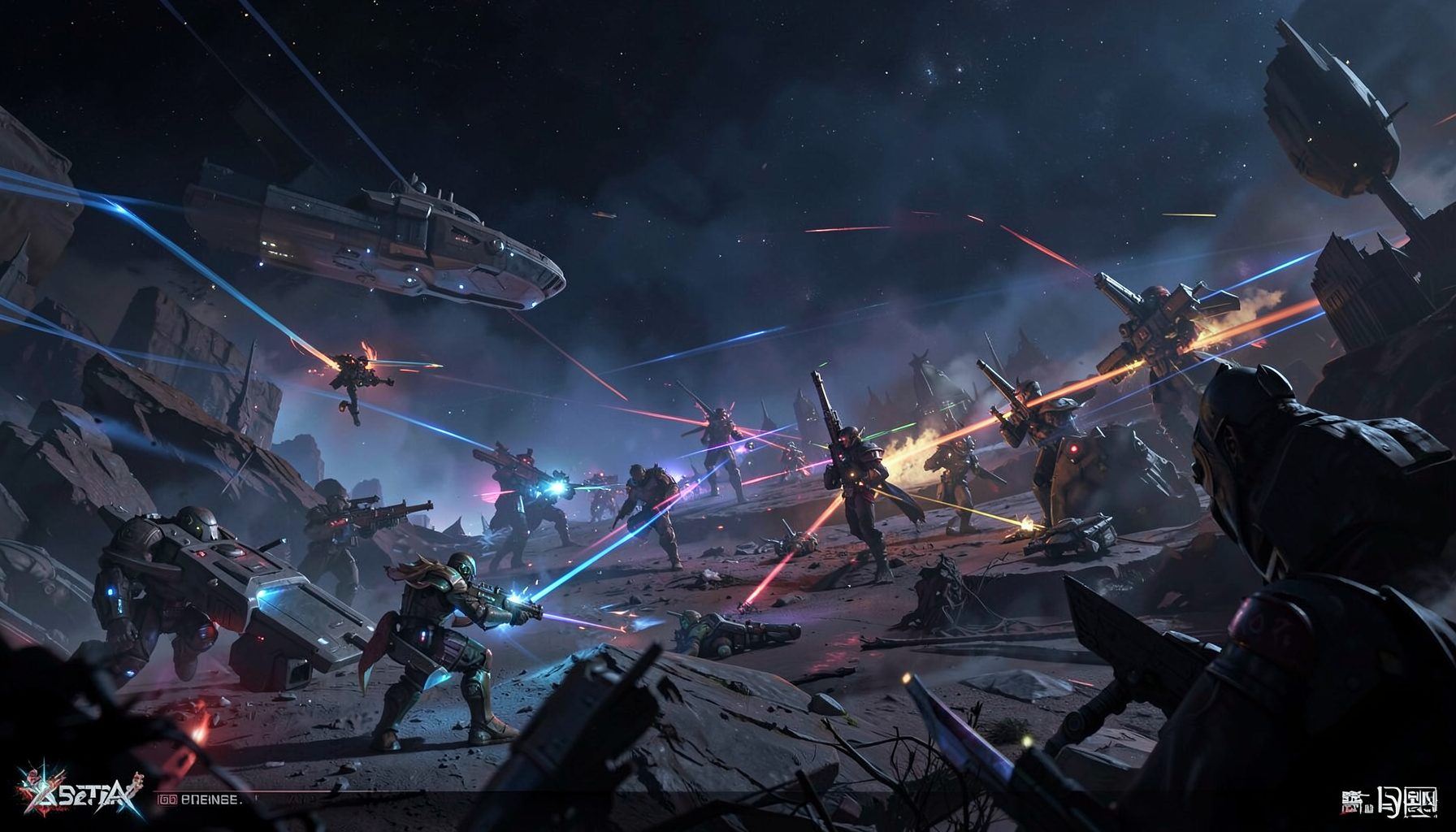Starcraft sci-fi battlefield with units in combat, dark space atmosphere with neon trails