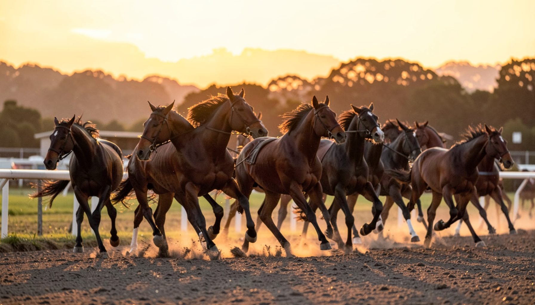 Horse racing track with thoroughbreds galloping, golden sunset backdrop