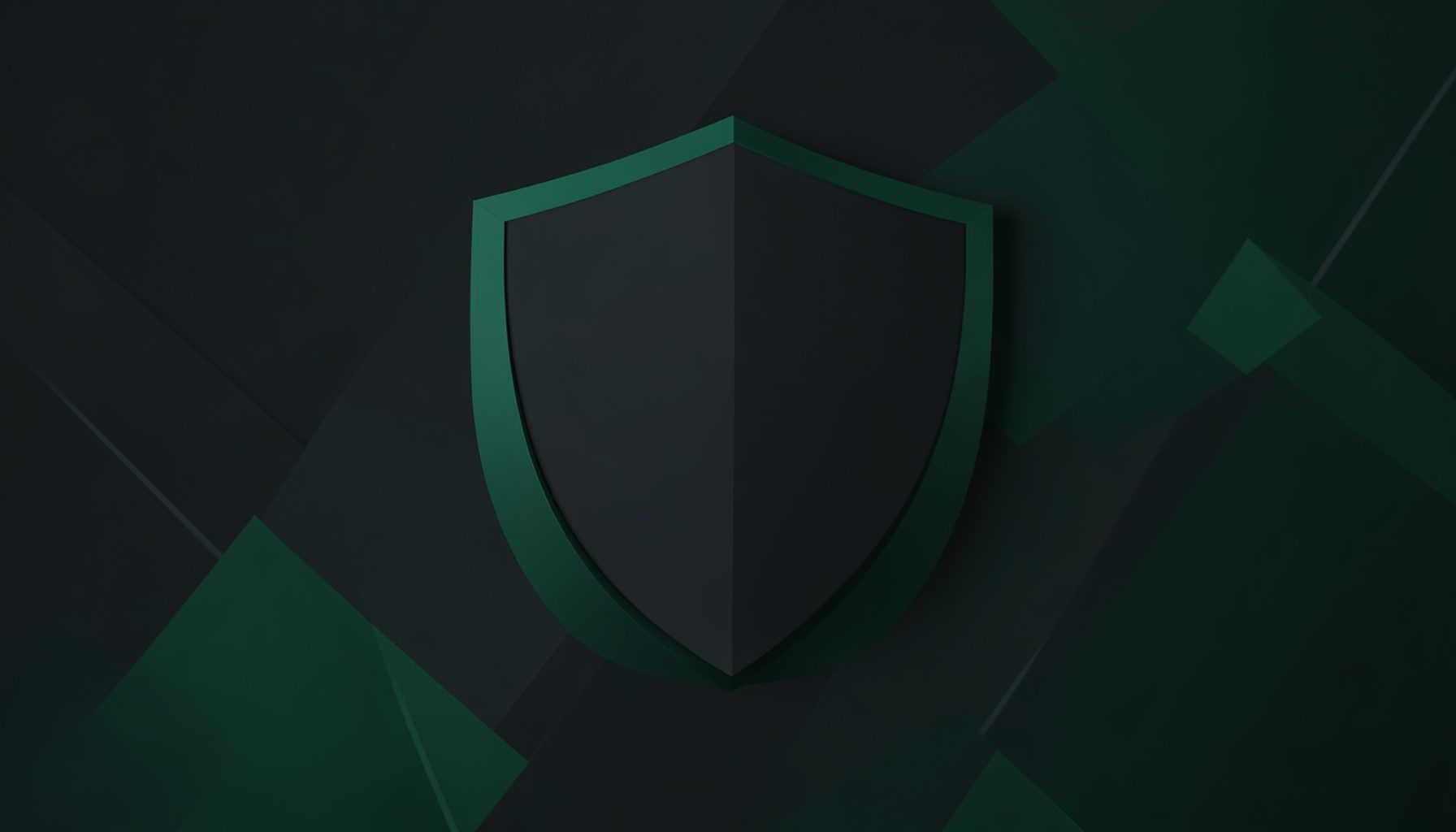 Dark abstract background with subtle green geometric accents and a shield-like shape, conveying security and trust in deep charcoal and emerald tones