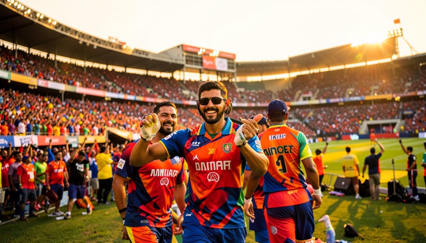 IPL cricket match with colorful jerseys and packed stadium, intense golden evening light
