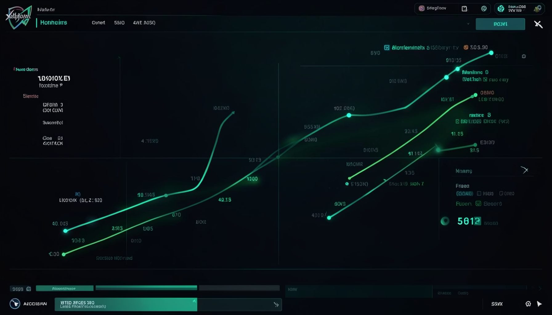 Aviator-style game with rising multiplier curve, dark interface with green accents