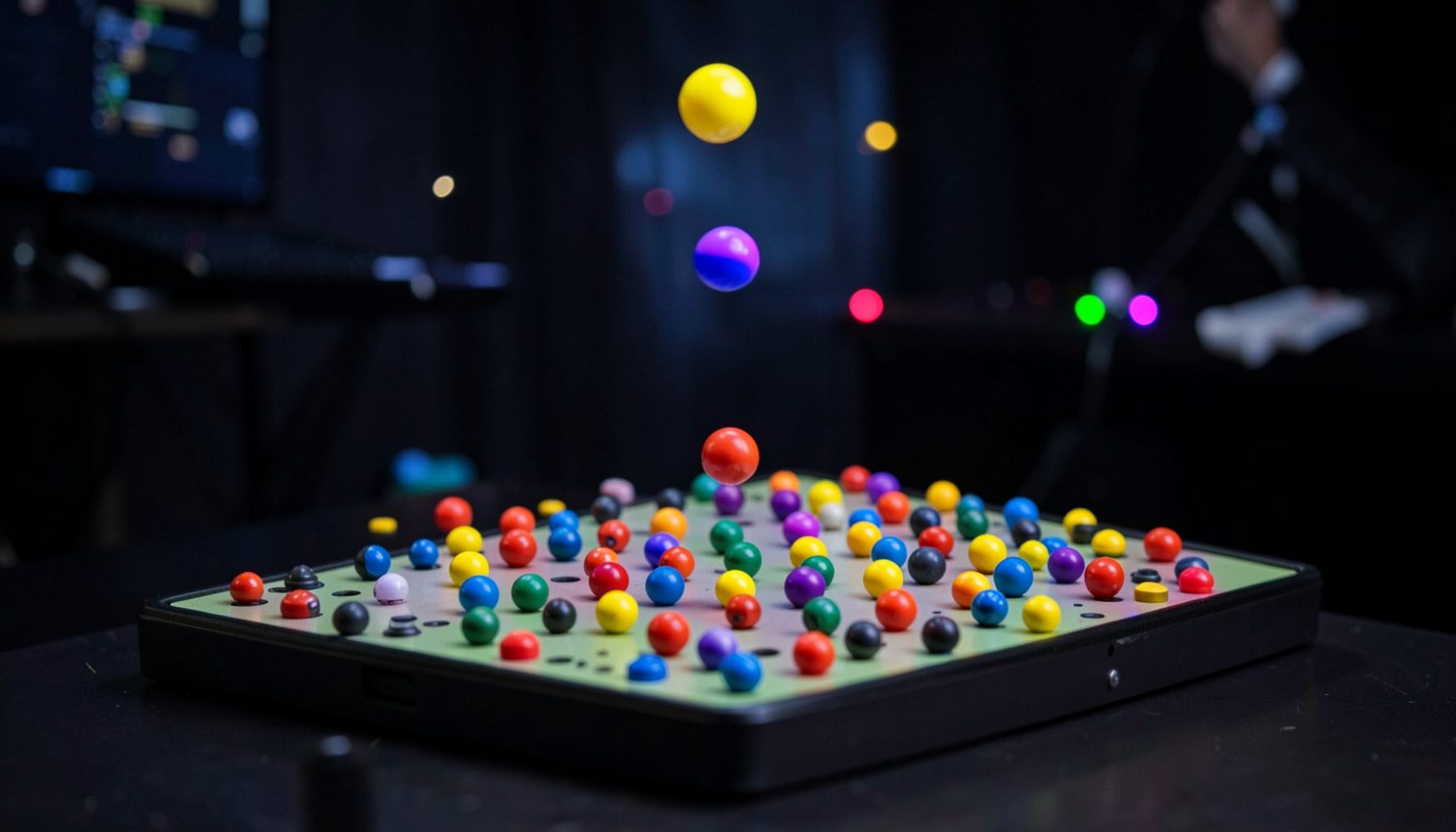 Plinko board with colorful pegs and dropping balls, dark gaming backdrop
