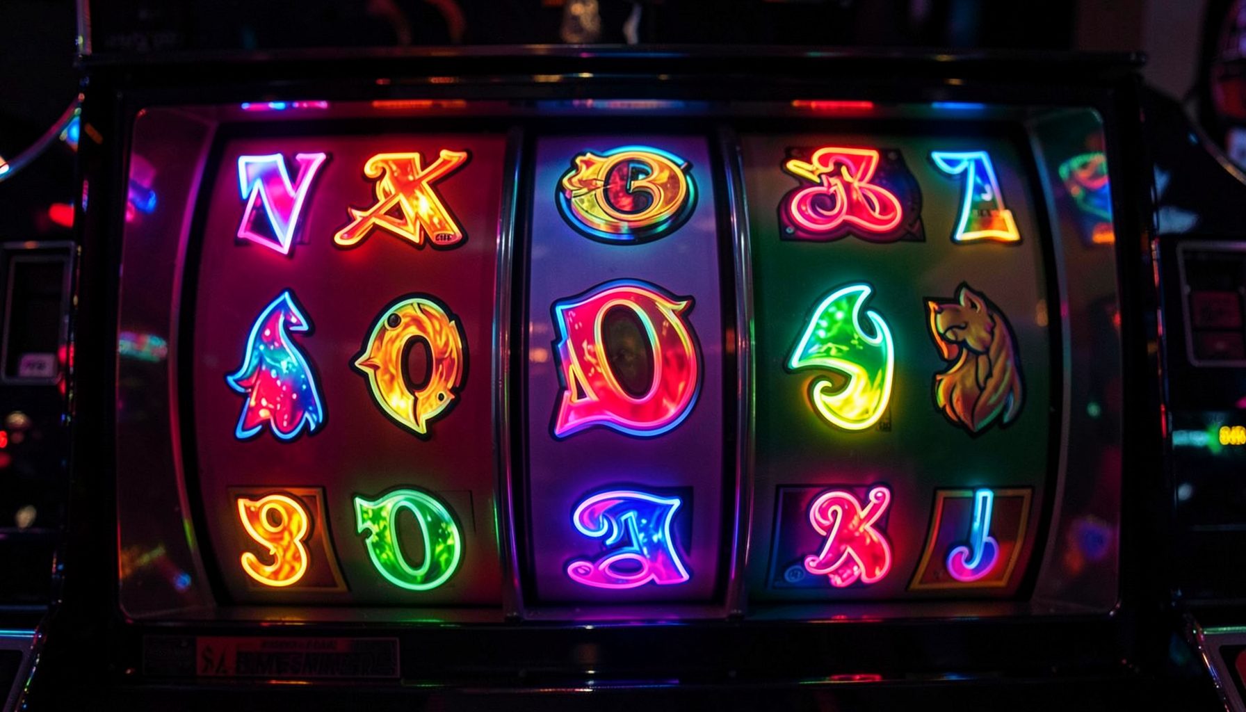 Colorful slot machine reels with vivid neon symbols, dark casino background