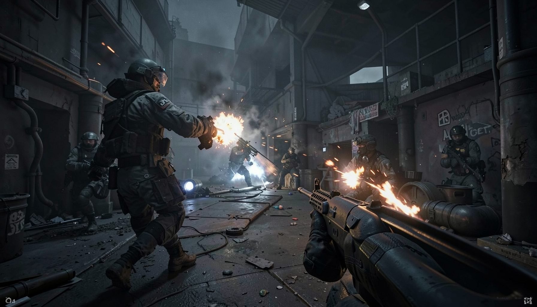 CSGO competitive match with tactical gameplay, dark industrial map with muzzle flashes