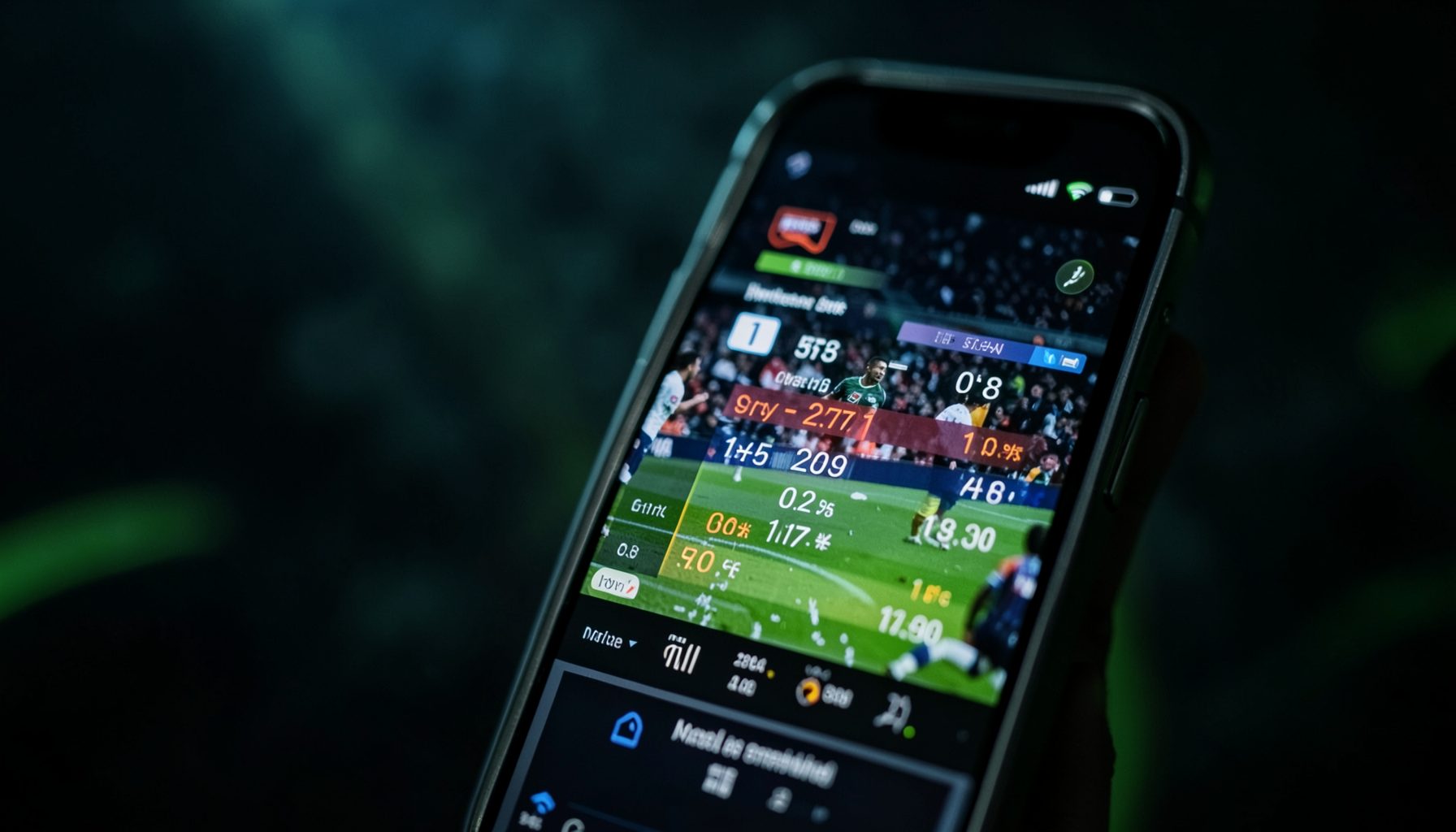 Close-up of a smartphone screen displaying a live sports match with dynamic odds overlays, set against a dark atmospheric background with subtle green accents