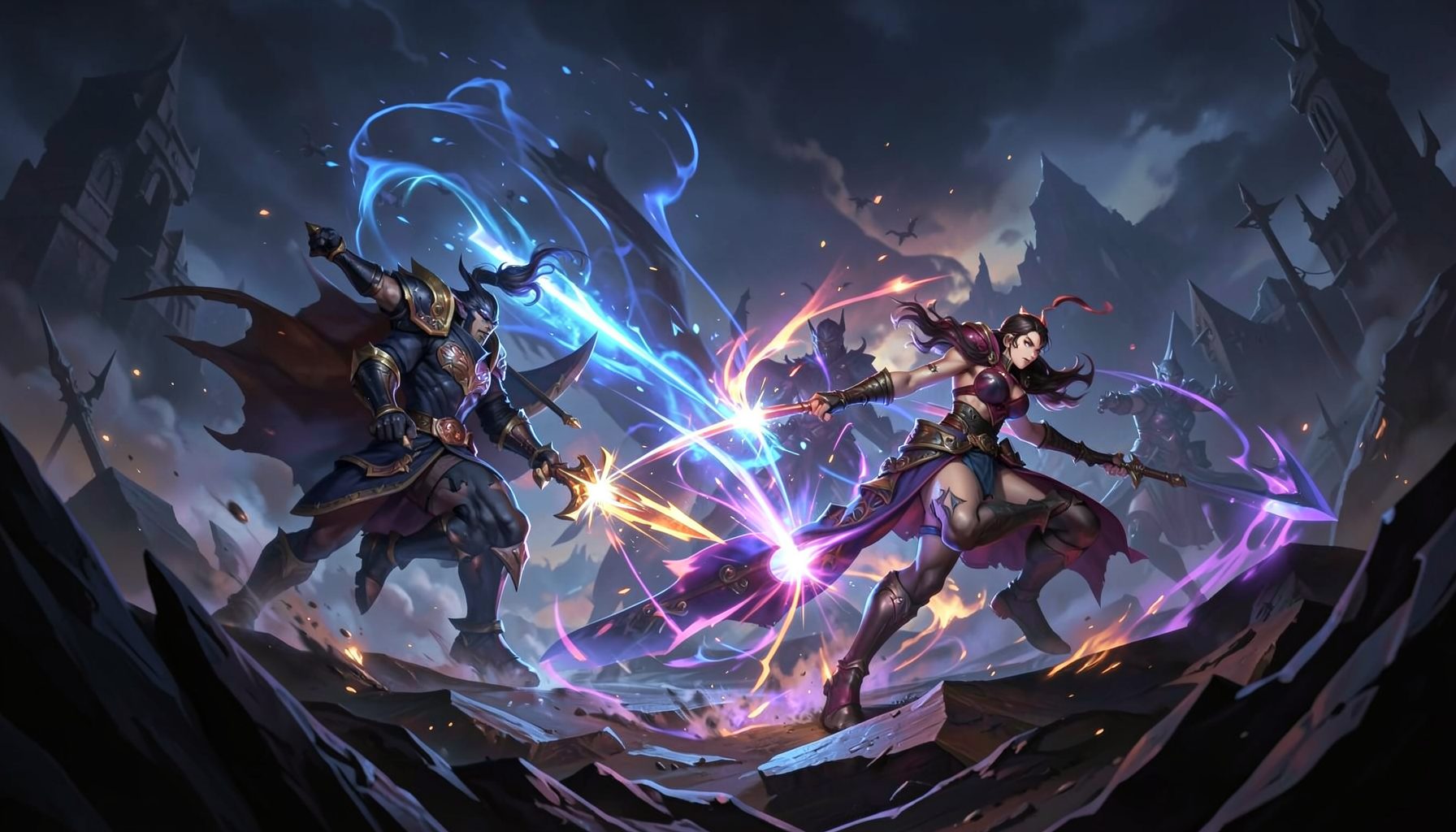 Dota 2 arena with heroes clashing, vibrant magical effects on dark fantasy battlefield