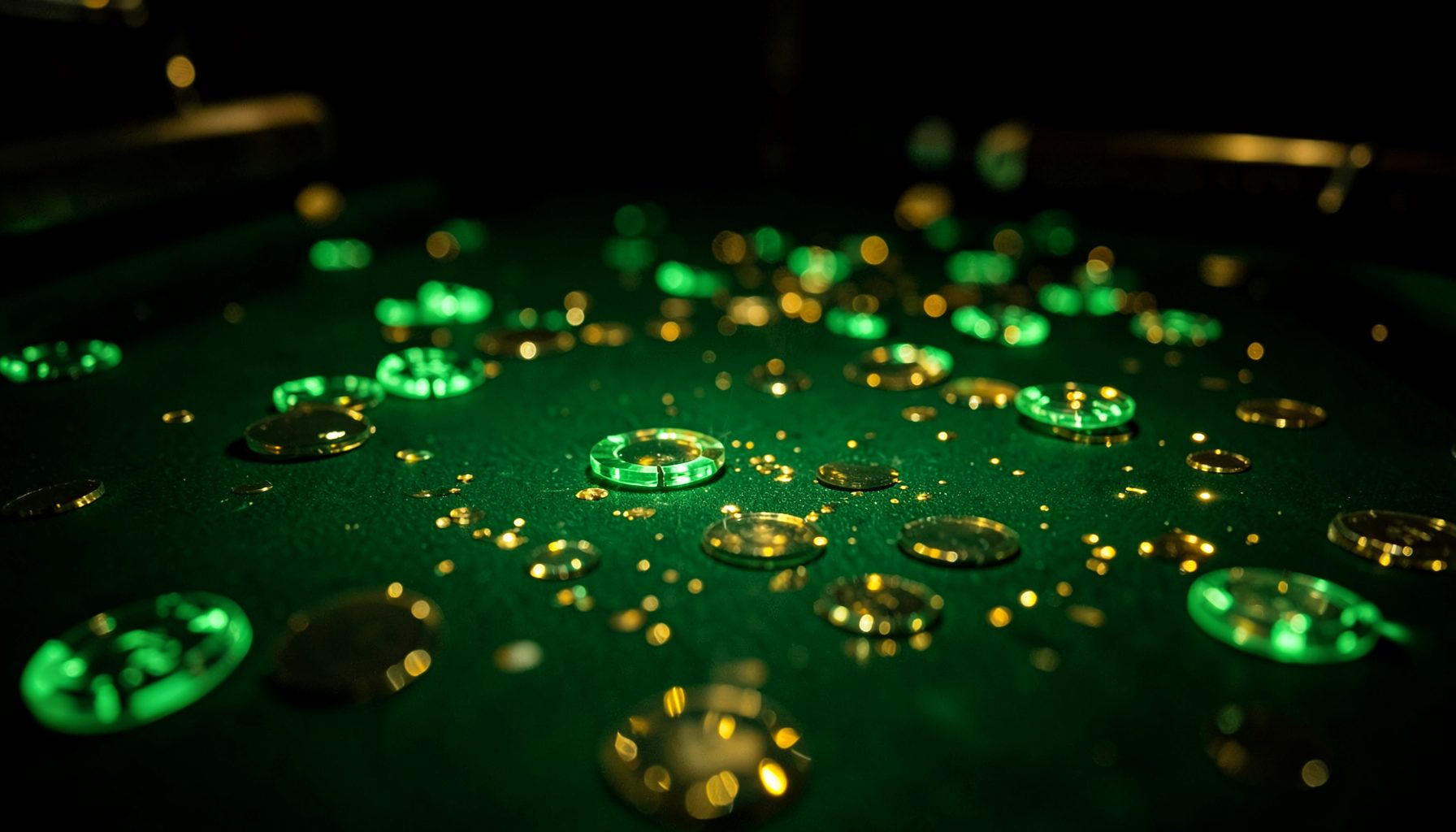 Dark atmospheric scene with glowing green casino chips and golden light reflections scattered across a deep emerald table, conveying excitement and reward.