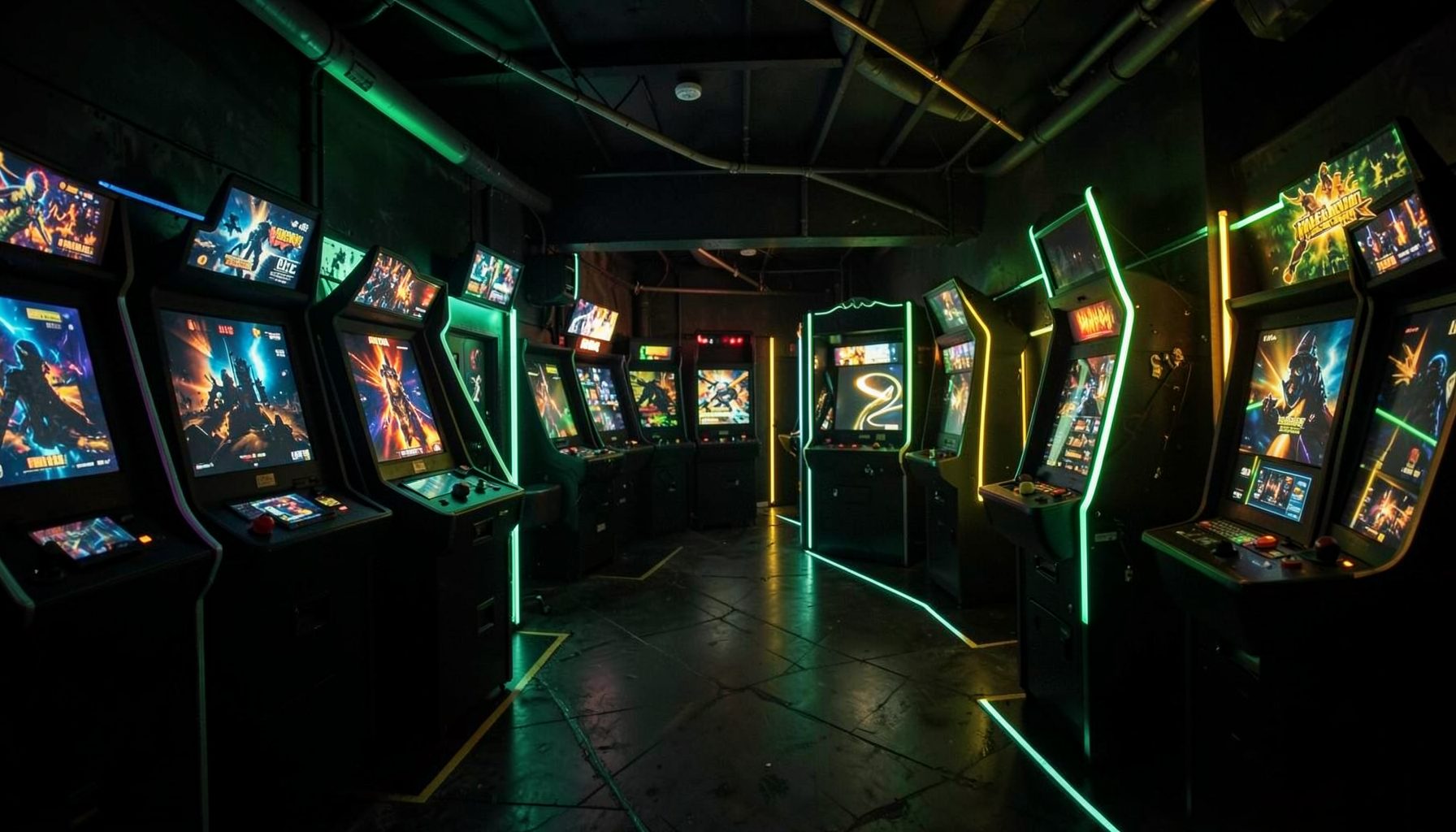 Dark atmospheric gaming arena with vivid green neon accents and golden highlights, energetic arcade mood