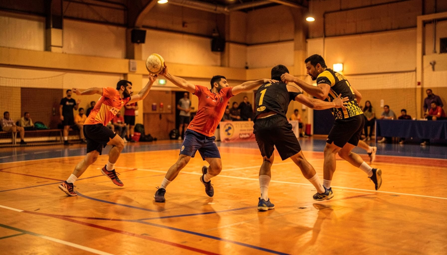 Kabaddi match on indoor court, athletes in dynamic motion, warm amber lighting