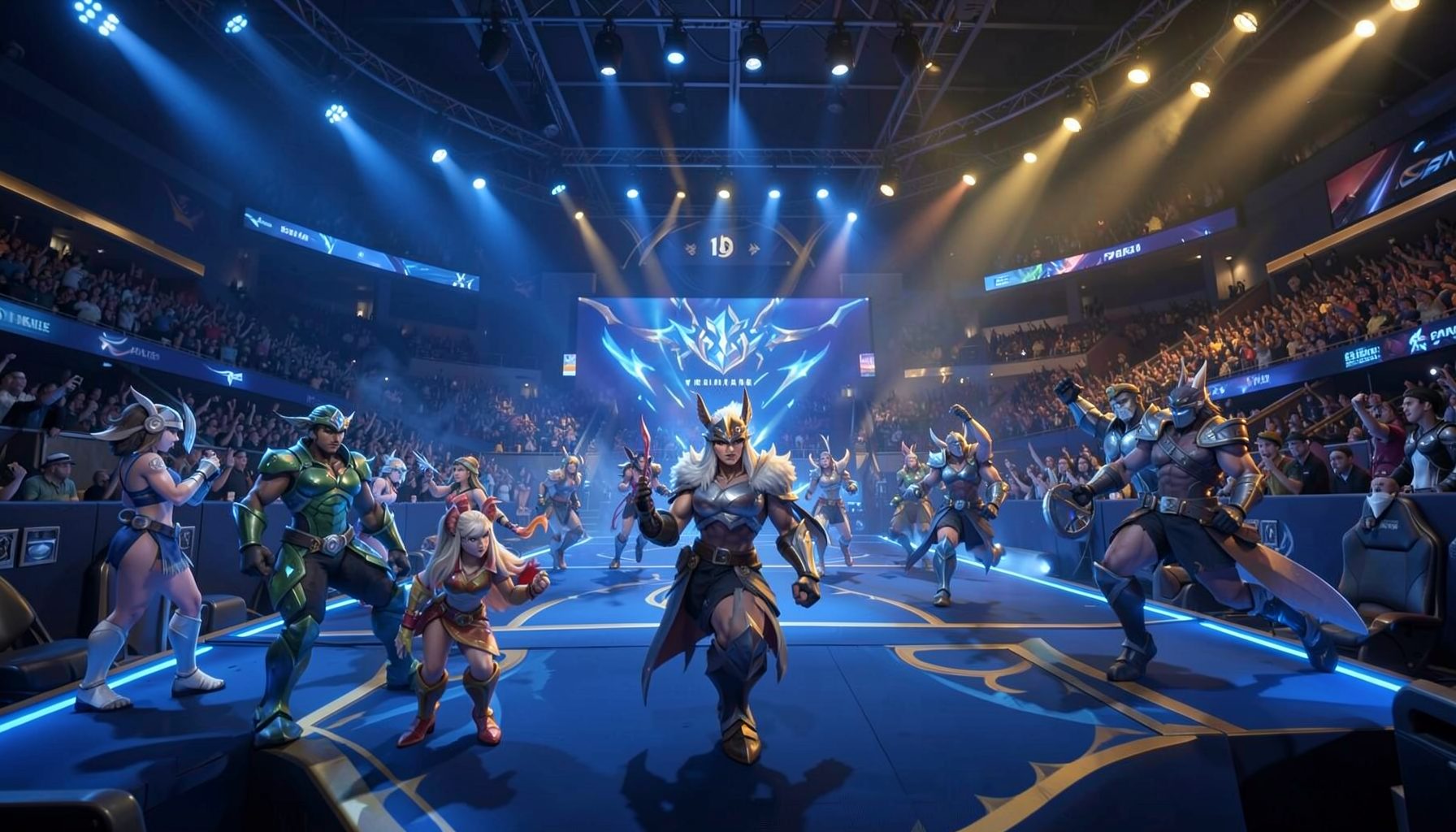 League of Legends championship stage with teams competing, blue and gold arena lighting