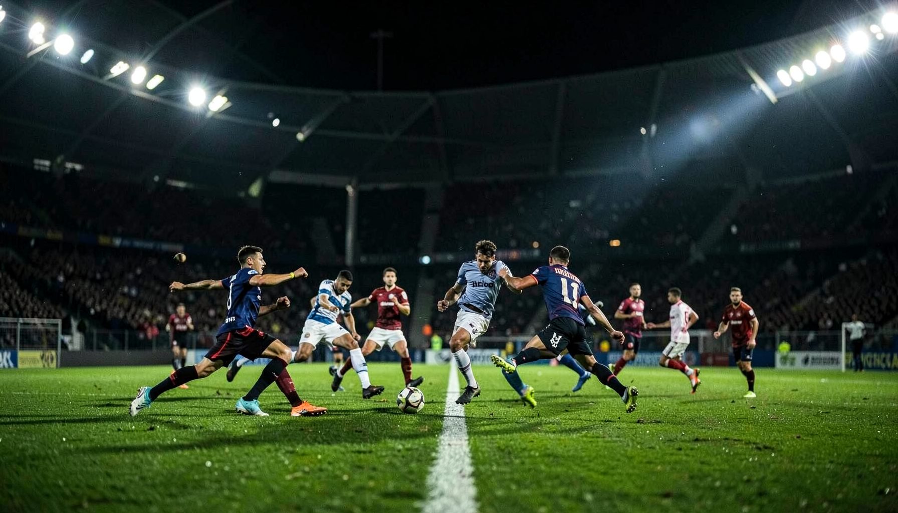 Football pitch with players in action, dramatic green turf under stadium lights
