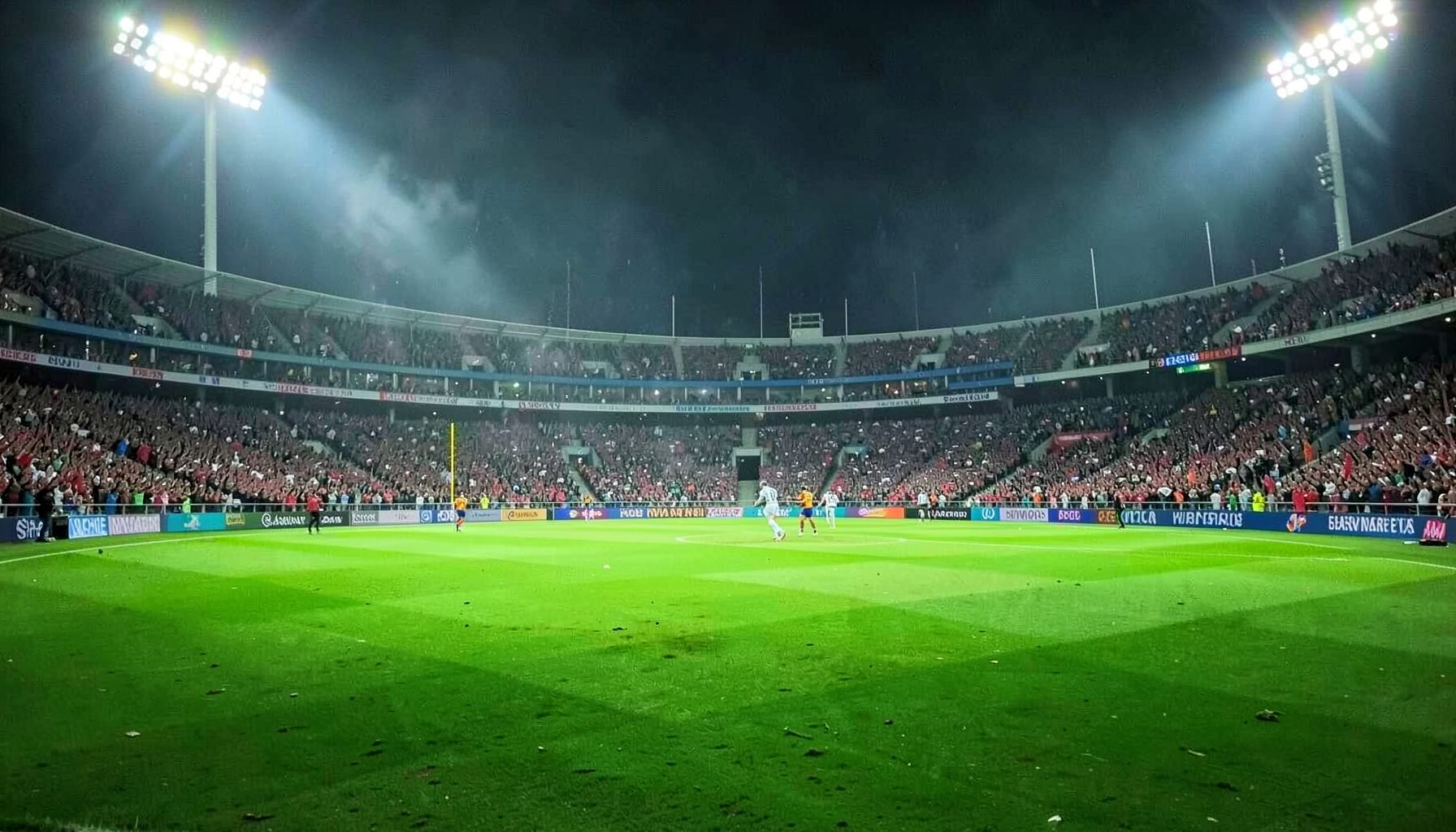 Cricket stadium under floodlights with vibrant green field, energetic sporting atmosphere